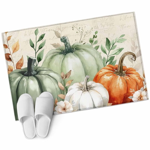Green Orange Pumpkin Fall 2'x3' Washable Rug, Thanksgiving Leaves Floral Pastoral Non-Slip Soft Doormat Area Rugs for Entrance Bathroom Bedsides, Carpet for Kitchen Bedroom, Entryway Floor Mat