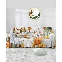 Green Orange Pumpkin Sofa Covers for 3 Cushion Couch,Washable Sectional & L Shape Couch Covers for Dog/Cat/Kid,Fall Thanksgiving Leaf White Wooden Non Slip Sofa Slipcover Tassel Futon Cover 71x150