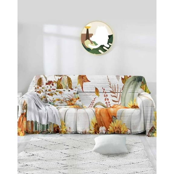 Green Orange Pumpkin Sofa Covers for 3 Cushion Couch,Washable Sectional & L Shape Couch Covers for Dog/Cat/Kid,Fall Thanksgiving Leaf White Wooden Non Slip Sofa Slipcover Tassel Futon Cover 71x150