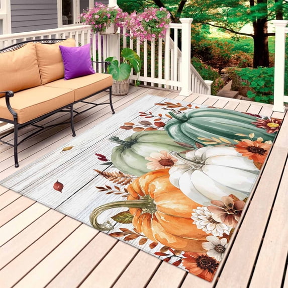 Green Orange Pumpkins Fall Outdoor Rug 3x5 Ft, Non Slip Washable Area Rug, Botanical Thanksgiving Vintage Patio Rugs Carpet Runner, Large Floor Mat for Indoor/Outdoor Deck Porch Camping
