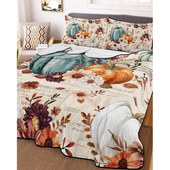 Green Orange Pumpkins Fall Twin Size Down Alternative Comforter, Lightweight Comforter Quilt Bedding Set with Pillow Shams Botanical Thanksgiving Retro All Seasons Bed Comforter Duvet Insert 68"x86"