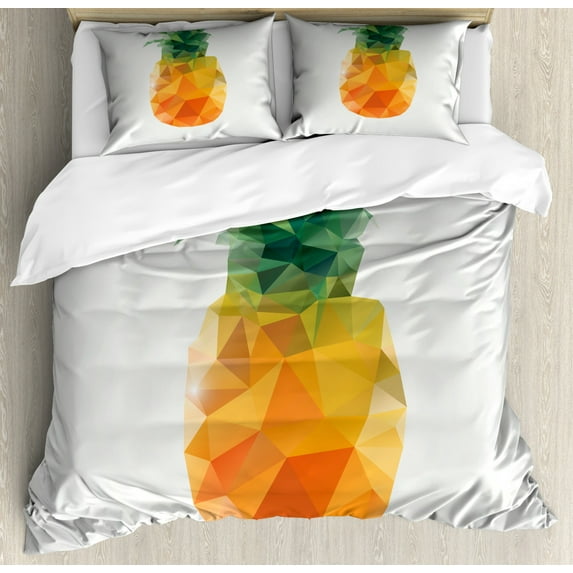Green and Orange Queen Size Duvet Cover Set, Geometric Polygonal Fruit Angular Triangles Abstract Art Design, Decorative 3 Piece Bedding Set with 2 Pillow Shams, Fern Green and Orange, by Ambesonne