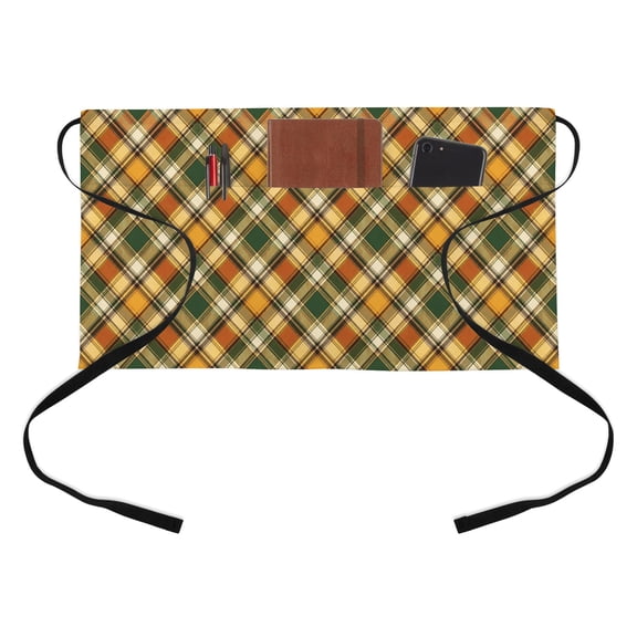 Green Orange Red Gingham Kitchen Restaurant Half Waist Apron, Country Farmhouse Classic Plaid Checkered Server Short Apron with 3 Pockets Waterproof Oil Waist Aprons for Women Waitress Waiter