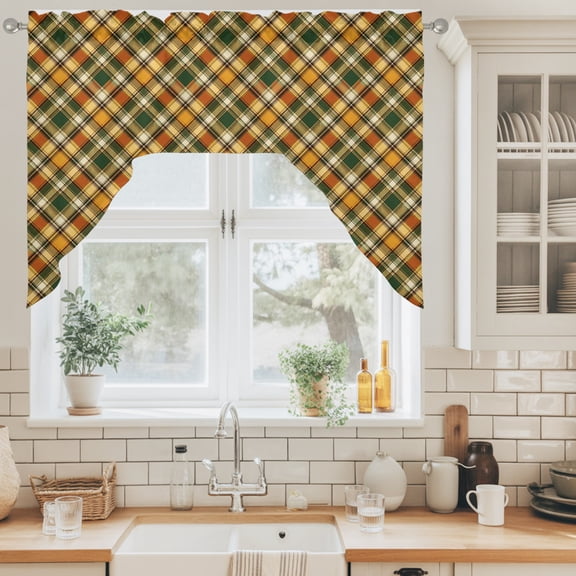 Green Orange Red Gingham Swag Valance for Windows, Country Farmhouse Classic Plaid Checkered Swag Curtains Valances for Small Window Treatment Rod Pocket for Kitchen Bathroom 1 Panel 56x36in