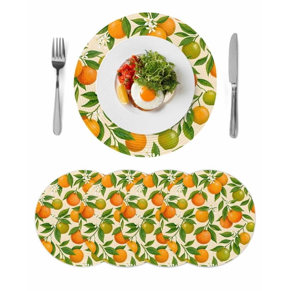 Green Orange Round 13 Inch Placemats Set of 4, Summer Botanical Leaves Watercolor HeatResistant Non Slip Place Mats for Dining Table, Wipeable Braided Kitchen Table Mats for Housewarming