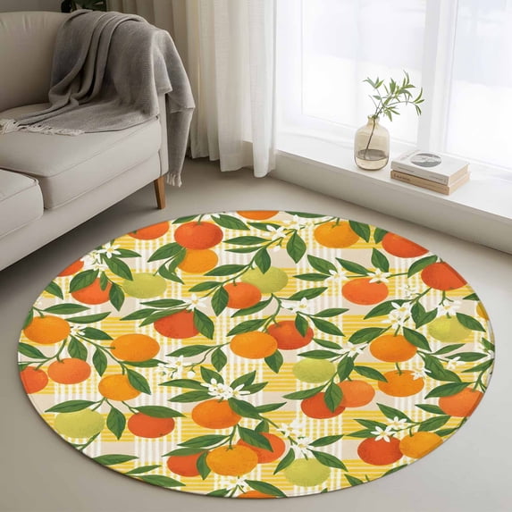 Green Orange Round Area Rug 3Ft Washable Small Circle Rugs for Kitchen Entryway, Summer Botanical Leaves Watercolor Checkered Non-Slip Carpet Floor Mats Indoor Outdoor Carpet Runner Home Decor