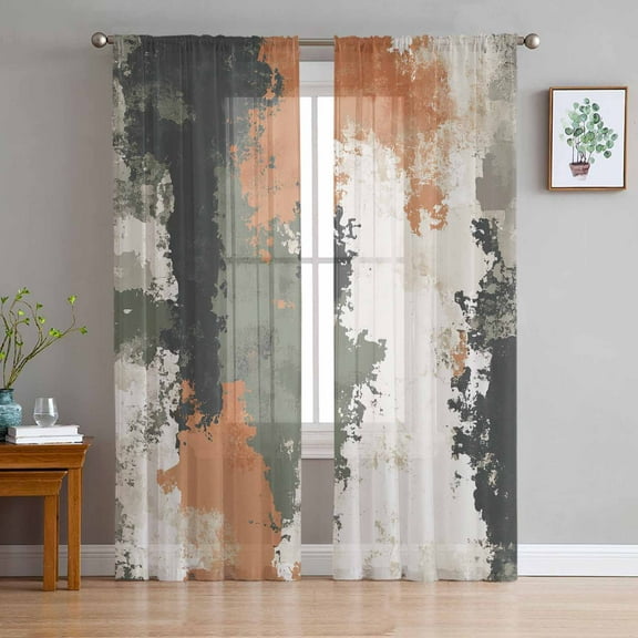 Green Orange Sheer Curtains 84 Inches Long 2 Panels Set, Window Sheer Curtains for Living Room/Bedroom, Shabby Chic Color Block Abstract Ombre Light Filtering Rod Pocket Curtain 52'' x 84'' x 2