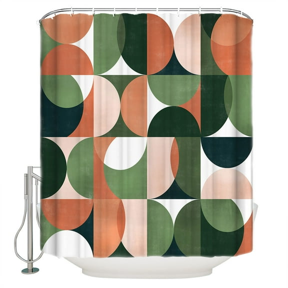 Green Orange Shower Curtain, 36" x 72", Nordic Retro Medieval Geometric Abstract Waterproof Bathroom Curtain Washable Shower Curtain Set with 12 Hooks