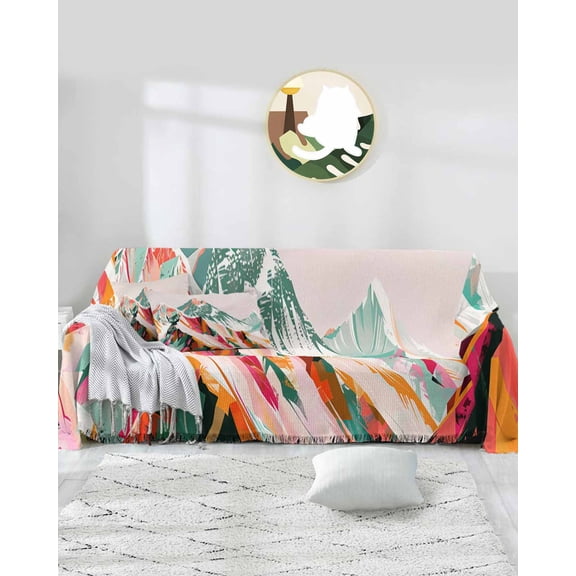 Green Orange Sofa Covers for 3 Cushion Couch,Washable Sectional & L Shape Couch Covers for Dog/Cat/Kid,Abstract Mountains Range Modern Painted Art Non Slip Sofa Slipcover Tassel Futon Cover 71x150