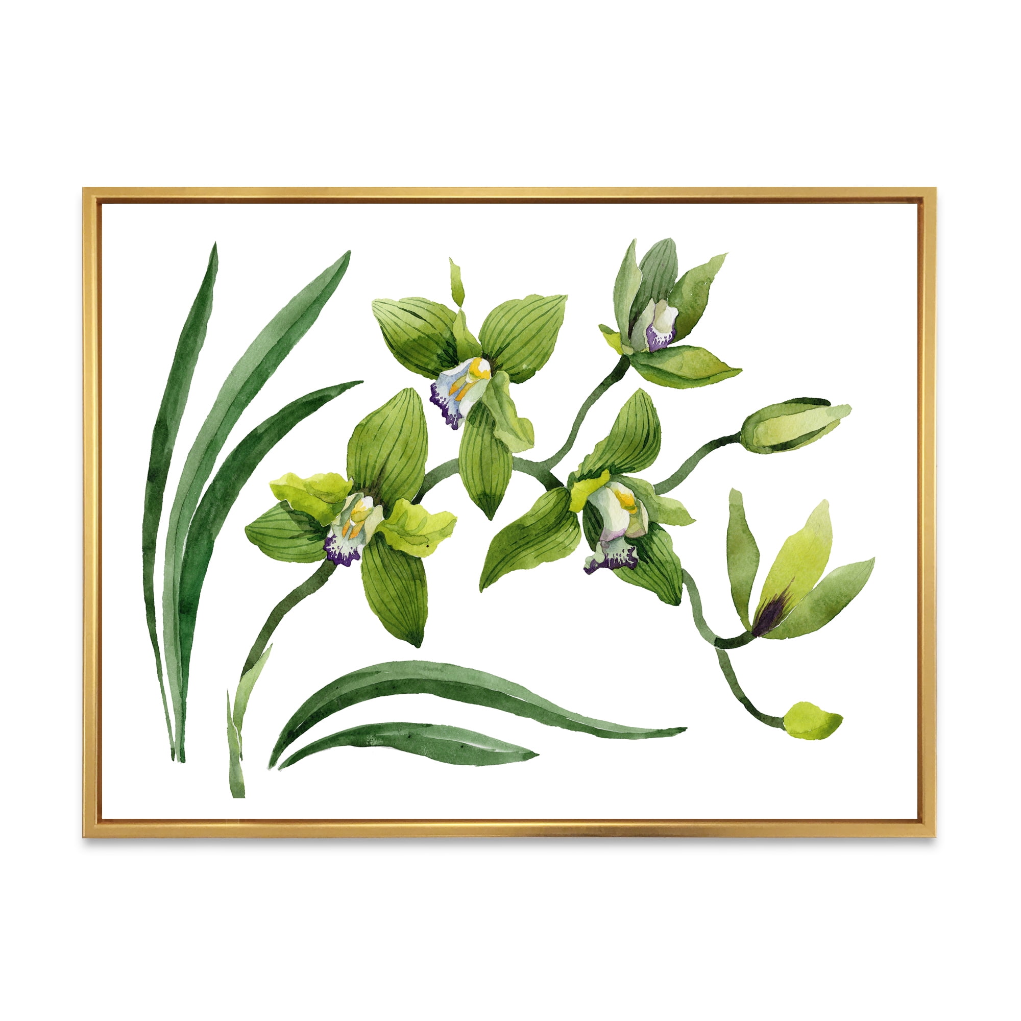 Green Orchid Flowers On White 32" x 16" Framed Painting Canvas Art Print, by Designart