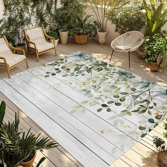 Green Outdoor Rug for Patio/Deck/Porch, Non-Slip Large Area Rug 5 x 8 Ft, Eucalyptus Leaves Indoor Outdoor Rugs Washable Area Rugs, Reversible Camping Rug Carpet Runner