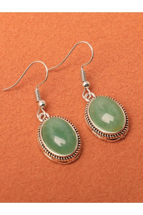 Green Oval Faux Jade Dangle Earrings With Silvertone Beaded Frame