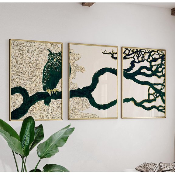 Green Owl Botanical Wall Art Prints, Set Of 3 Minimalist Tree Branch Decor