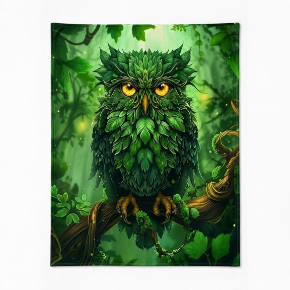 Green Owl Forest Fleece Throw Blanket, Soft 280 GSM Polyester, Nature-Inspired Decor