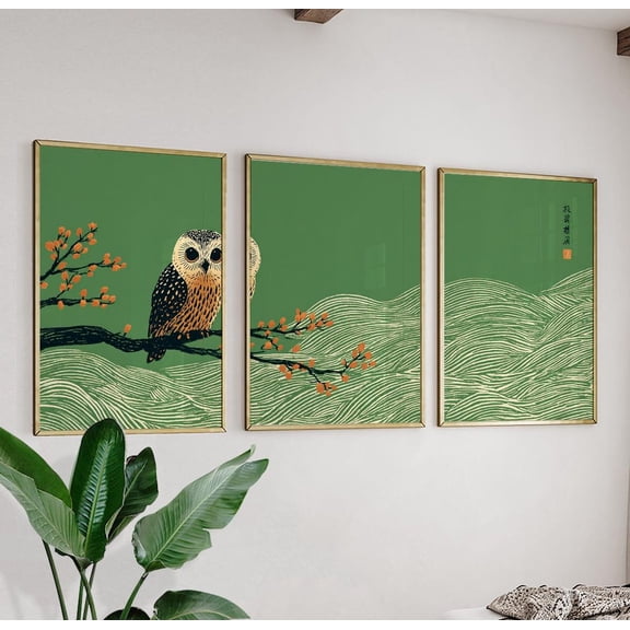 Green Owl Japanese Style Bird Nature Triptych Decor Art Home Decor Office Wall Art Set 3