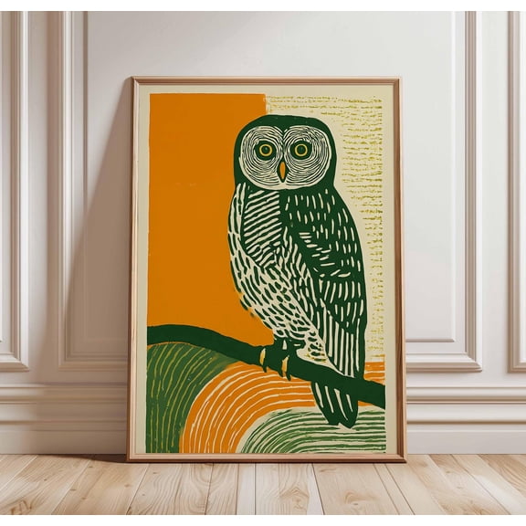 Green Owl Wall Art Bold Orange Folk Art Poster Linocut Bird Print Retro Animal Illustratio