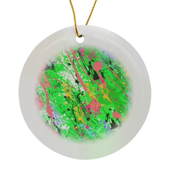 3drose, Green Paint Splatter Design, Circle Porcelain Ornament