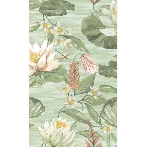 Green Painted Waterlily Floral Wallpaper
