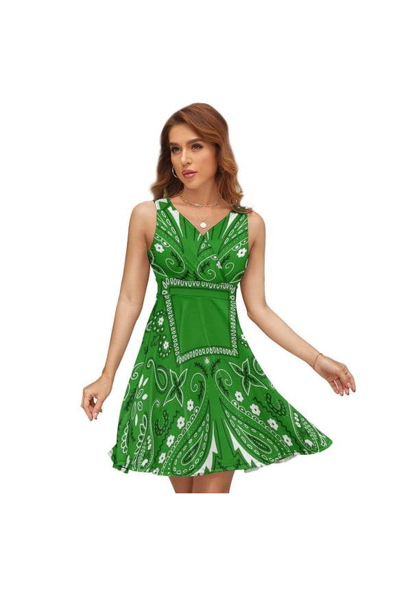 Green Paisley Bandana Pattern Dress Summer Street Style Dresses Female Sleeveless Printed Sundress