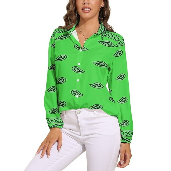 Green Paisley Bandana Pattern Long Sleeve Blouse Woman Streetwear Casual Shirts Summer Oversize Woman Streetwear Clothing Birthday Present