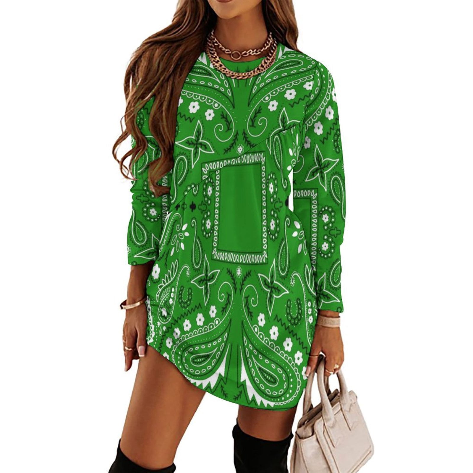 Green Paisley Bandana Pattern Loose Dress Evening Dress Summer Dresses for  Women Luxury Dress Long Sleeved Dress - Walmart.com