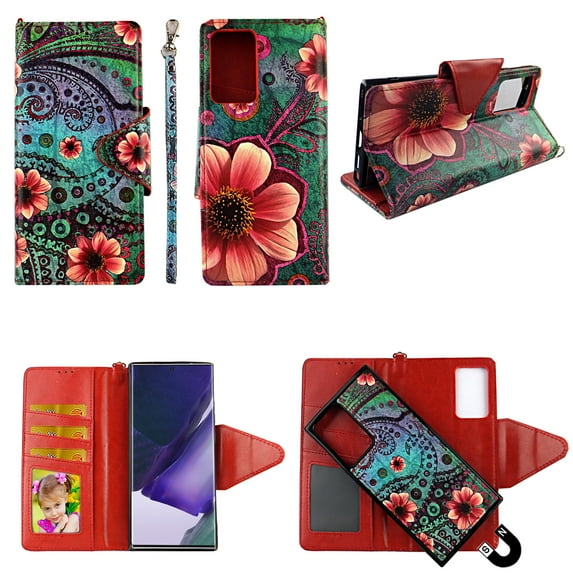 Green Paisley Case for Samsung Galaxy S20 Ultra 5G Magnetic Detachable Pu Leather Wallet Cover Flap Closure Snap-on Book Style Cases Card Holders Wrist Strap 2 in 1 Folio