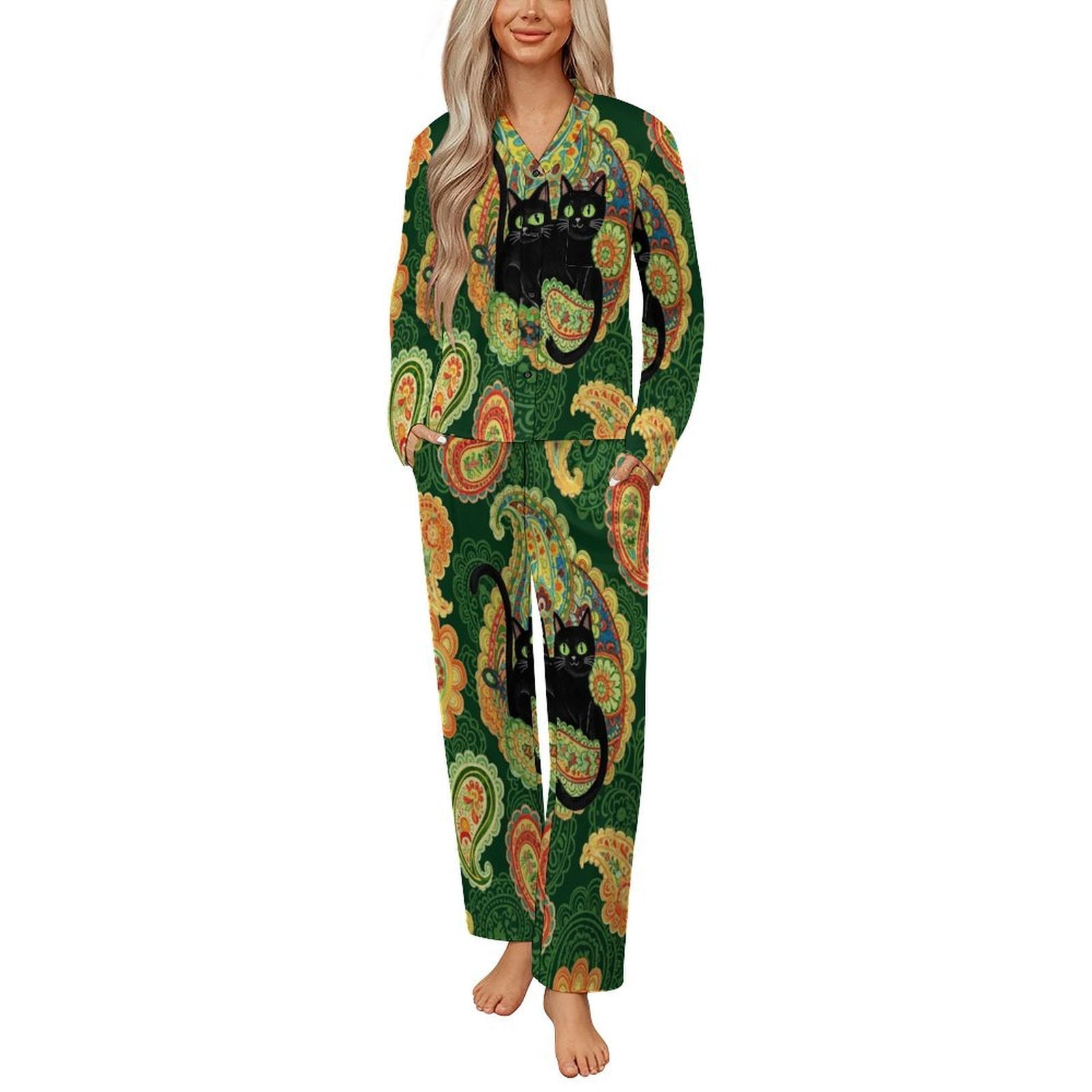 Pattern Vegan Pyjamas Green Paisley Fabric Black Cats Pattern Womens Pyjamas Set Button Up ...