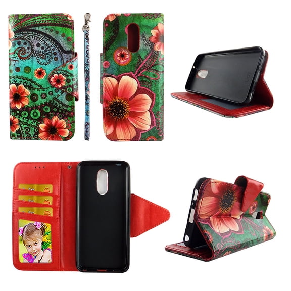 Green Paisley Flower Wallet Case for LG Q 7 Plus Q 7+ Folio Standing Cover Card Slot Money Pocket Magnetic Closure Fashion Flip Pu Leather