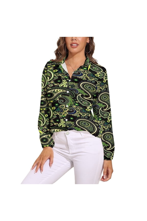 Green Paisley Pattern Long Sleeve Blouse Woman Streetwear Casual Shirts Summer Oversize Woman Streetwear Clothing Birthday Present