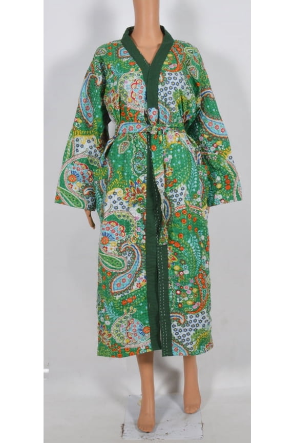 Green Paisley Print kantha jacket, Indian handmade japanese kimono style kantha robe, Winter jacket, Green colored tie belt coat
