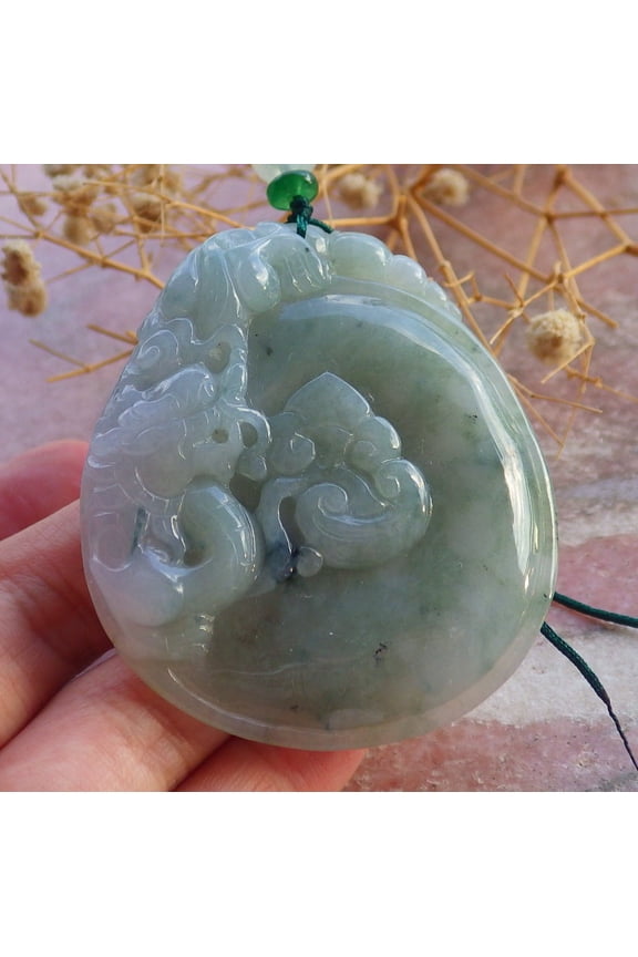 Green Pale Lavender Natural A Jade jadeite Pendant Dragon Ruyi Coin Necklace 687206 TN