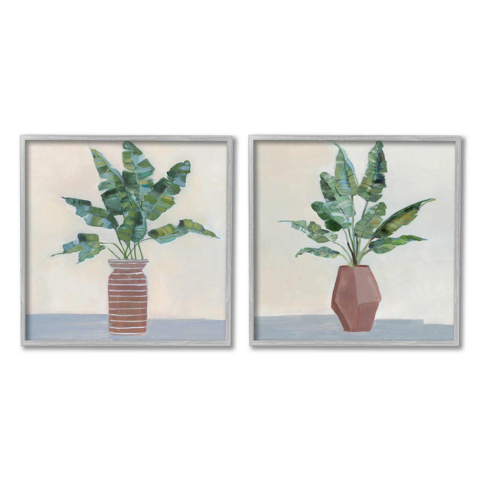 Green Palm Frond Plants Brown Jars Still Life 12 in x 12 in Framed Painting Art Prints, by Stupell Home Décor (Set of 2)