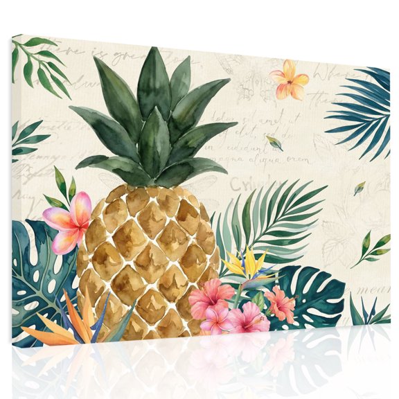 Green Palm Fronds Canvas Print Wall Art, Retro Pineapple Floral Cream Wall Decor Modern Artwork Paintings Pictures for Living Room Framed and Stretched Ready to Hang 24" x 32"