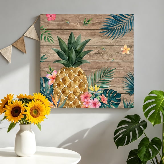 Green Palm Fronds Canvas Wall Art for Living Room, Rustic Pineapple Floral Slat Texture Brown Wall Decor Framed Artwork Pictures Ready to Hang for Bedroom Office Home Decor 16x16 Inch