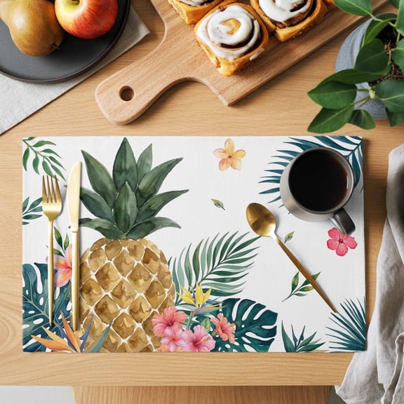 Green Palm Fronds Placemats Set of 1, Retro Pineapple Floral White Non-Slip Place Mats Washable Table Mats for Kitchen Dining Table Decorations Indoor/Outdoor