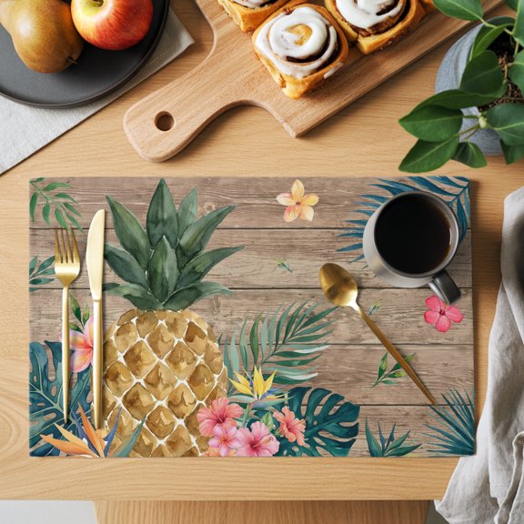 Green Palm Fronds Placemats Set of 1, Rustic Pineapple Floral Slat Texture Brown Non-Slip Place Mats Washable Table Mats for Kitchen Dining Table Decorations Indoor/Outdoor