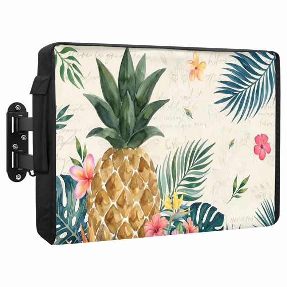 Green Palm Fronds Waterproof Outdoor TV Cover, Retro Pineapple Floral Cream Outside Weatherproof TV Enclosures for 80 to 85 Inch LCD Television Shield Flat Screen Protectors