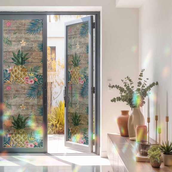 Green Palm Fronds Window Privacy Film Rustic Pineapple Floral Slat Texture Brown Static Cling Stained Glass Window Film Non-Adhesive Decorative Decals Rainbow Sticker 23.6"X78.7"