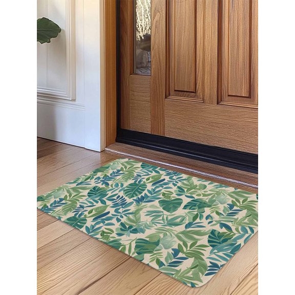 Green Palm Leaf Door Mat Indoor Outdoor Entrance,Non Slip Small Rug for Kitchen Bathroom Entryway Rug,Tropical Plants Retro Pastoral Summer Washable Doormat Floor Mat 16x24 Inch