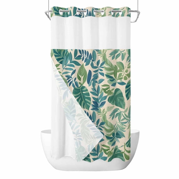 Green Palm Leaf No Hook Shower Curtain Waterproof,Bathroom Curtains with Snap in Liners and See Through Top Window,Tropical Plants Retro Pastoral Summer Hotel Style Bathtub Curtains Shower 36"Wx78"L