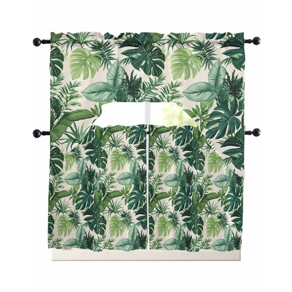 Green Palm Leaf Kitchen Curtains Sets 36 Inch Length with Valance, Summer Leaves Watercolor Swag Valances and Tiers Curtain Set Drapes Swag Curtains for Living Room, Bathroom, Bedroom, Cafe