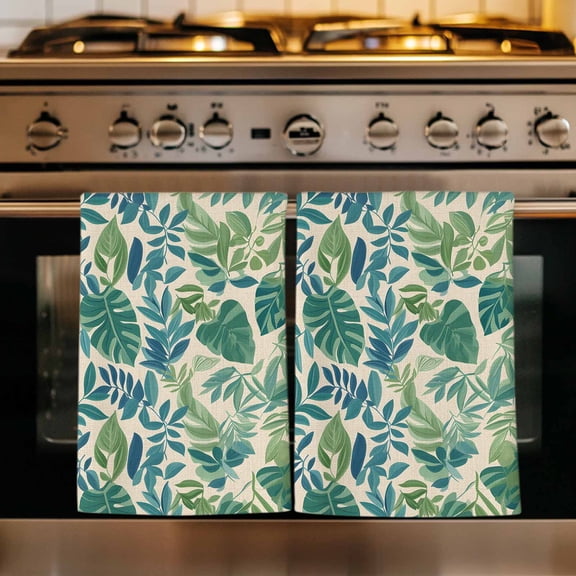 Green Palm Leaf Kitchen Towels Set of 2, Tropical Plants Retro Pastoral Summer Absorbent Dish Towels for Kitchen, Microfiber Hand Towel, Quick Drying Tea Towel for Cleaning Decorative Dishcloths