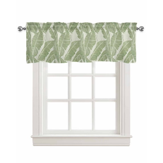 Green Palm Leaf Kitchen Valances for Windows Farmhouse Linen Window Valance Curtain for Living Room Window Treatment Tropical Botanical Summer Valance Rod Pocket Topper Drape, 42 x 12 Inch