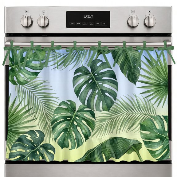 Green Palm Leaf Oven Skirt Curtain, 27x20 Inch Summer Rustic Coastal Tropical Botanical Leaves Kitchen Tie Top Oven Curtain for Door, Decorative Stove Skirt Dishwasher Cover With Ribbon Ties