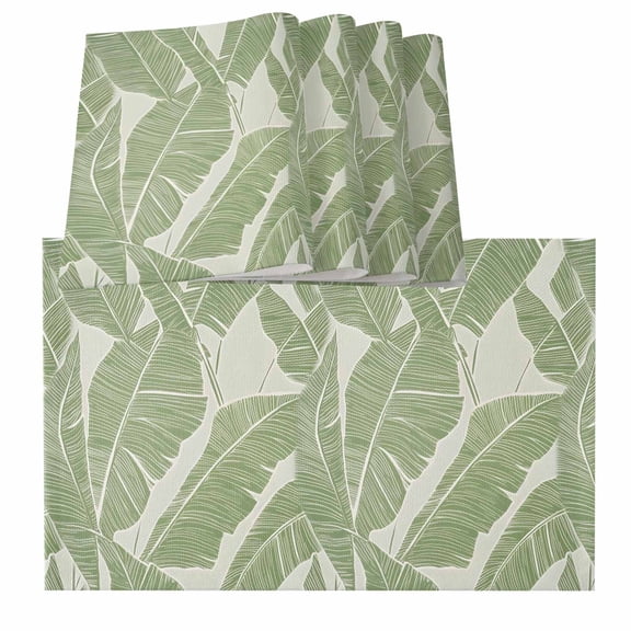 Green Palm Leaf Placemats for Dinning Table Set of 6, Tropical Botanical Summer Burlap Kitchen Place Mats Waterproof Cloth Table Mats, Indoor Outdoor Placemats Easy Clean Dinner Decor
