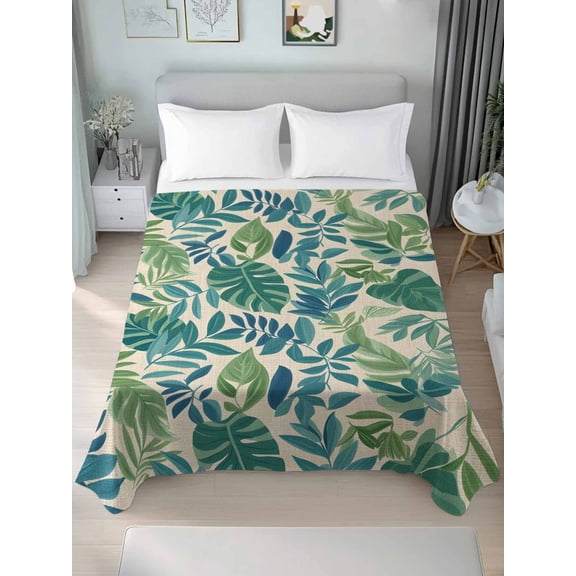 Green Palm Leaf Queen Size Flat Sheet, Wrinkleproof & Fadeproof Cooling Flat Bed Sheet Only, Tropical Plants Retro Pastoral Summer Breathable Soft Bedding Top Sheets 90 x 102 Inches