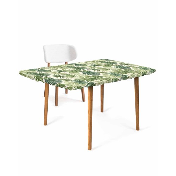 Green Palm Leaf Rectangle Tablecloth, Waterproof Elastic Fitted Table Covers for 4 Foot Tables, 24x50inch Decorative Tablecloths for Picnic, Camping, Indoor, Outdoor, Summer Botanical Watercolor