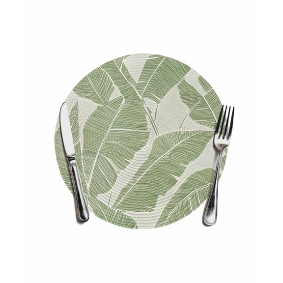 Green Palm Leaf Round Placemats for Dinning Tables, Heat-proof Braided Table Mats 13 Inch, Tropical Botanical Summer Washable Place Mat for Kitchen Restaurant Party Decor Supplies Table Setting