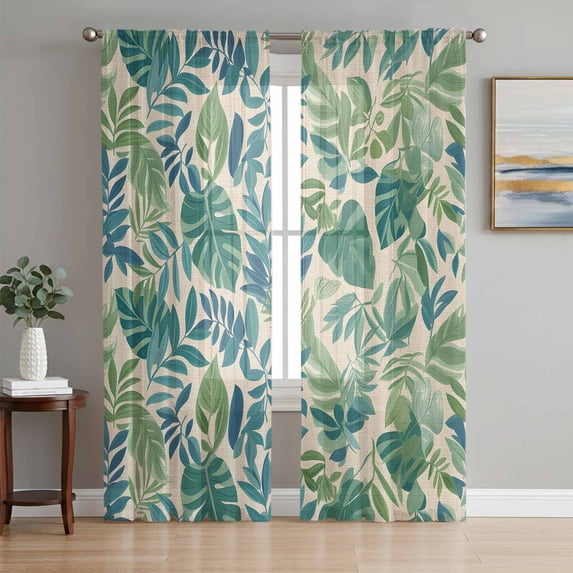 Green Palm Leaf Semi Sheer Window Curtains 63 Inches Long, Tropical Plants Retro Pastoral Summer Rod Pocket Voile Silky Chiffon Curtain Light Filtering Drapes for Living Room, 52"x63", 2 Panels