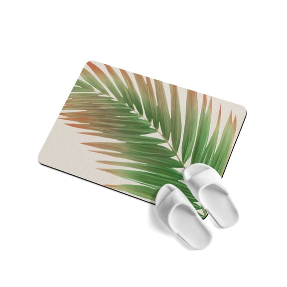 Green Palm Leaf Soft Diatomaceous Earth Mat, Coastal Gradient Red Green Leaf Linen Texture Absorbent Bath Mat Non Slip Rubber Backed Quick Dry Doormat Fit Under Door for Bathroom Kitchen 16"x24"